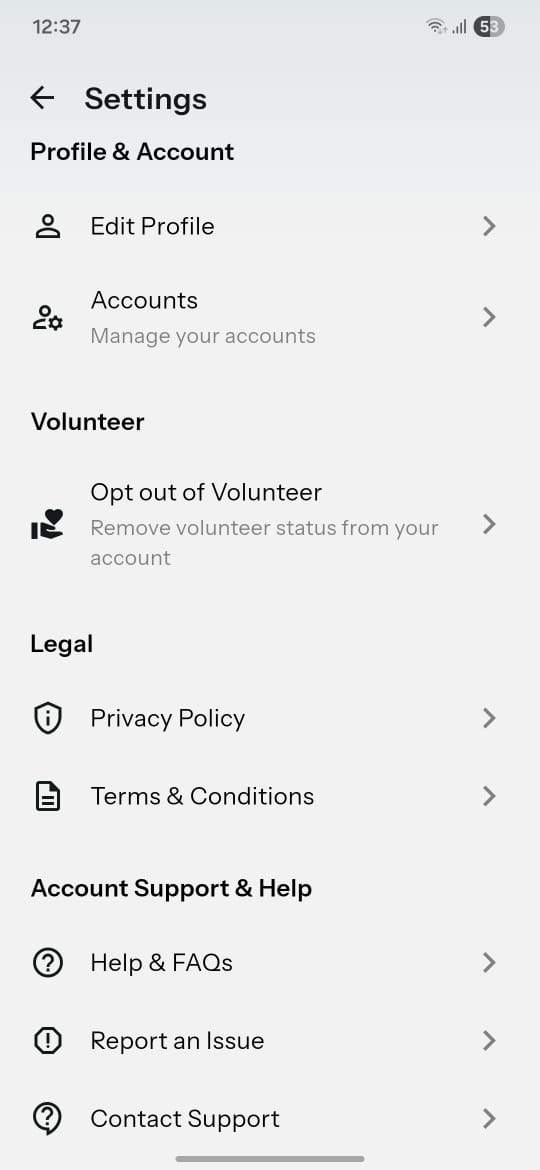 Settings - Edit Volunteer Report Delete Account